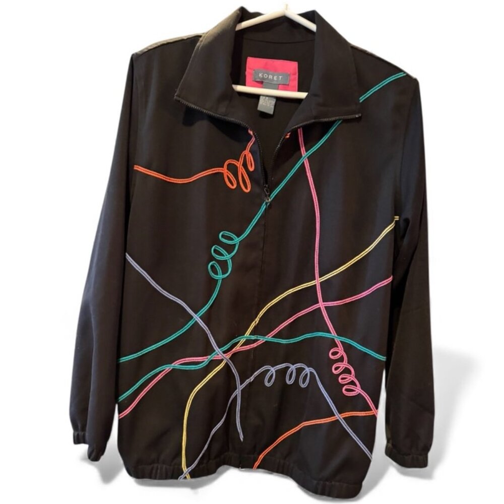 Vintage Koret Jacket Women’s 8 Black Multicolor Embroidered Art Wear Zip Front